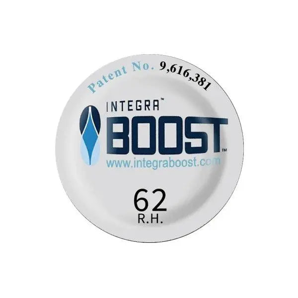 A round Integra Boost Humidity Cap Pack 51mm 62% label shows 62 R.H., patent number 9,616,381, and www.integraboost.com on a white background, perfect for humidity control in dispensary jars. Brand: Integra Boost.